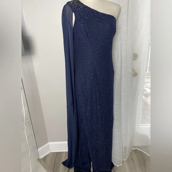 Adrianna Papell Navy Cape-Sleeved Evening Lace Gown One Shoulder Dress Size 6 - Picture 3 of 13